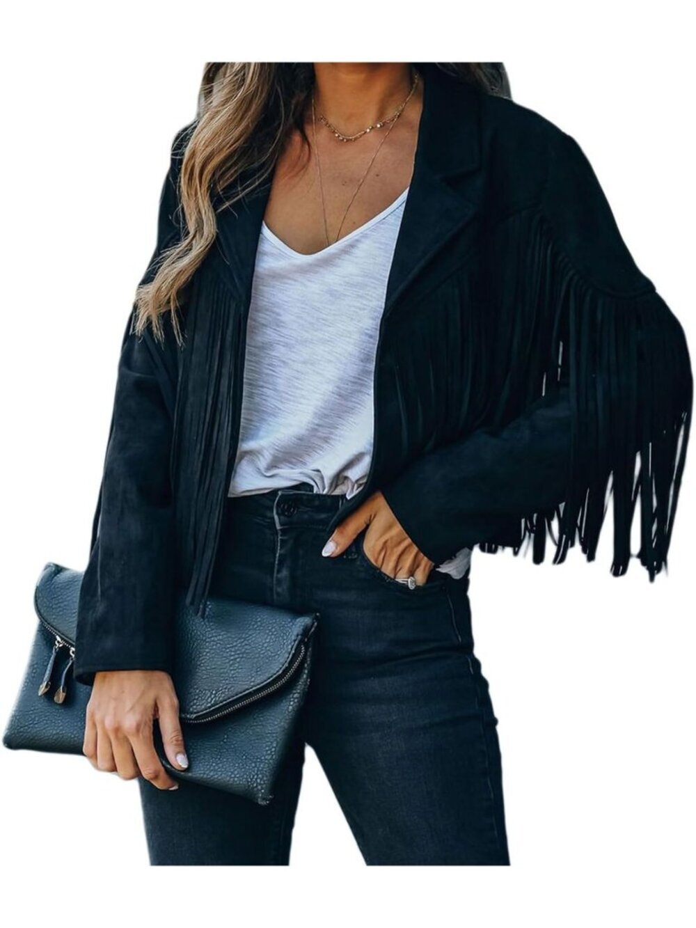 Women's Black Leather Trendy Western Fringe Cropped Tassel Motorcycle Jackets